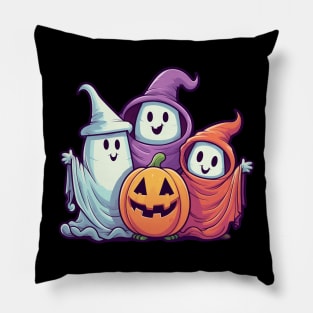 Cute Ghost Kids with a Pumpkin Pillow