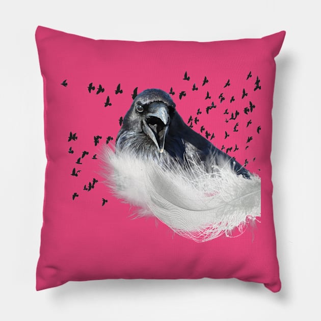 RAVEN SPIRIT ANIMAL WITH WHITE CLEANSING ANGEL FEATHER Pillow by KutieKoot T's