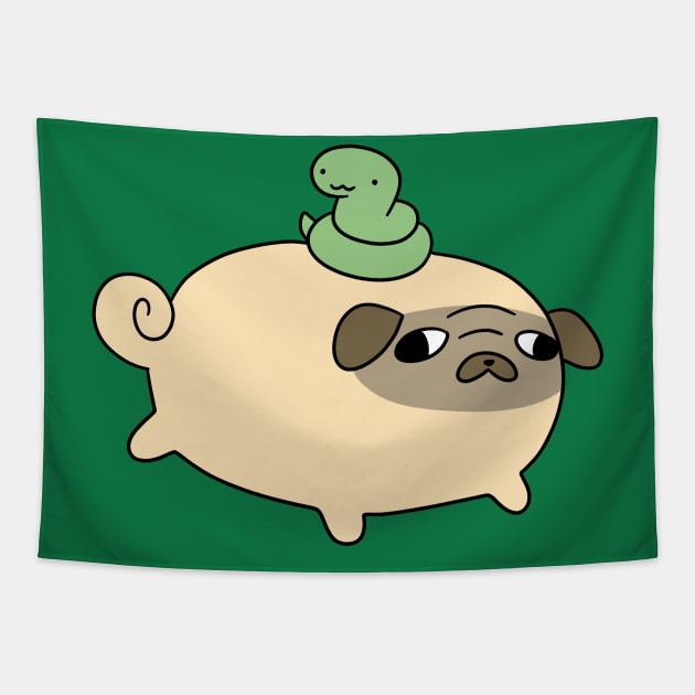 Chubby Pug and Little Snake Tapestry by saradaboru