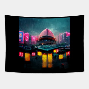 Neon District - Cyberpunk Cityscape Operahouse Tapestry