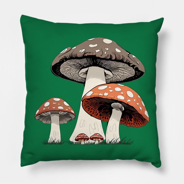 Flat Graphic of Gray and Red Mushrooms Pillow by CursedContent