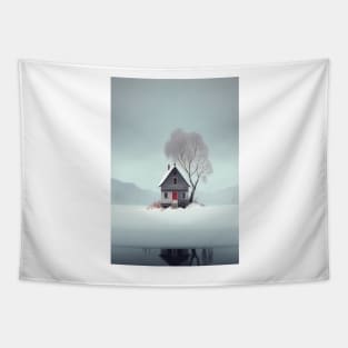 Nordic Winter Cottage Red door Minimalist Art Printable Tapestry