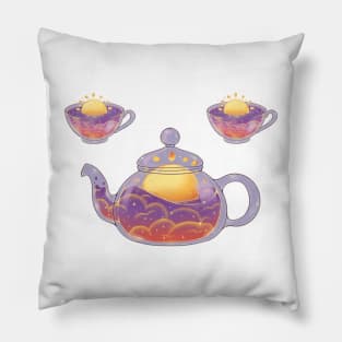 Peaceful sunrise tea set on dark background Pillow