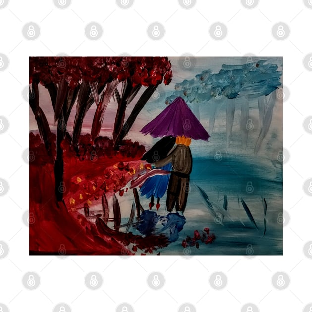 A couple having a walk in the rain under the umbrella in a park by kkartwork