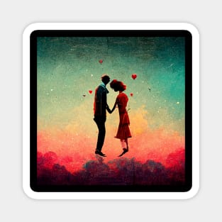 Head over heels in love - couple floating while holding hands. Magnet