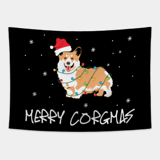 Merry Corgimas Pembroke Welsh Corgi Wearing Santa Hat Wrapped in Christmas Lights Tapestry