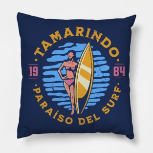 Vintage Tamarindo, Costa Rica Surfer's Paradise // Retro Surfing 1980s Badge Pillow