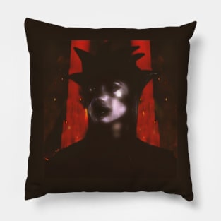 Beautiful girl in strange dark suit, with face mask. Red castle or rock on background. Red, violet, blur. Dark. Pillow