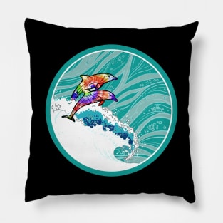 Tie Dye Dolphins Riding the Ocean Waves Pillow