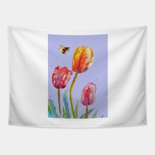 Tulip Flower Watercolor Painting and Bee on Lavender purple Tapestry