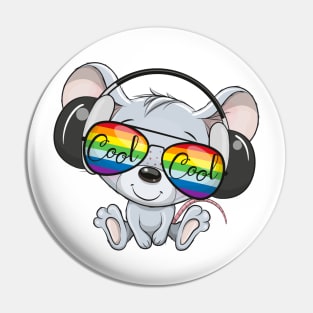 Cute mouse in rainbow sunglasses and headphones. Pin