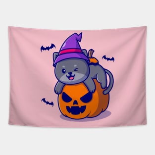 Cute Witch Cat Hug Pumpkin Halloween Cartoon Tapestry