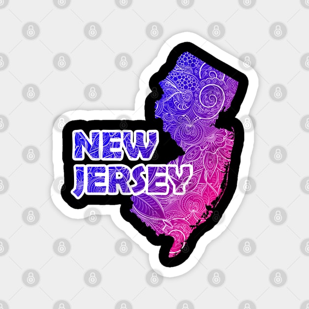 Colorful mandala art map of New Jersey with text in blue and violet Magnet by Happy Citizen