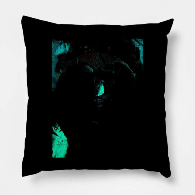 Portrait, digital collage and special processing. Dark fantasy. Tired warrior, beautiful diadem. Aquamarine. Battered. Pillow by 234TeeUser234