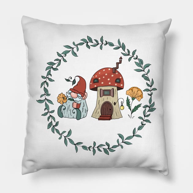 Gnome and a Fly Agaric House Pillow by Irina Skaska