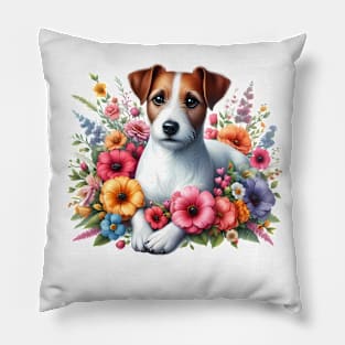 A jack russel terrier decorated with beautiful colorful flowers. Pillow