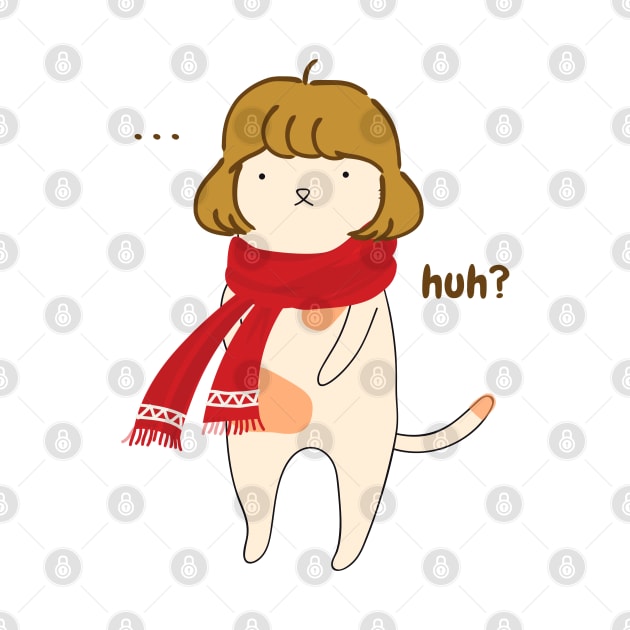 aesthetic confused silly cute girl cat with red scarf illustration by FRH Design