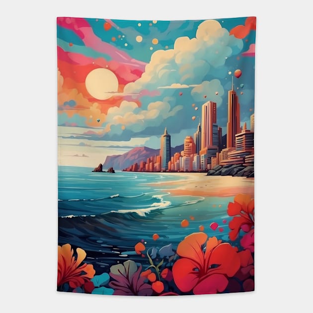 Beach with City View Tapestry by VivaLaRetro