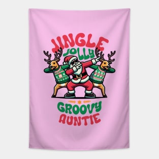 Auntie - Holly Jingle Jolly Groovy Santa and Reindeers in Ugly Sweater Dabbing Dancing. Personalized Christmas Tapestry