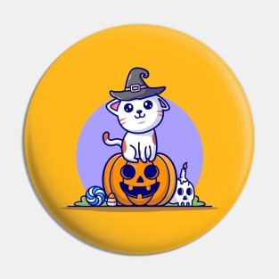 Cute Witch Cat Sitting Pumpkin Halloween Cartoon Vector Icon Illustration Pin