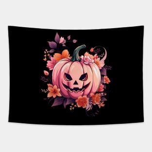 Whimsical Halloween pink Pumpkin, Pink Pumpkin face, with floral and orange flowers, cute Halloween Tapestry