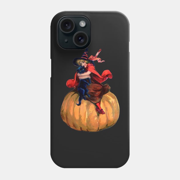 vintage halloween witch and black cat on pumpkin Phone Case by meganellyse