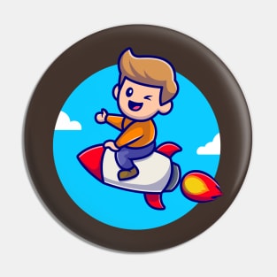 Cute Boy Riding Rocket Cartoon Illustration Pin