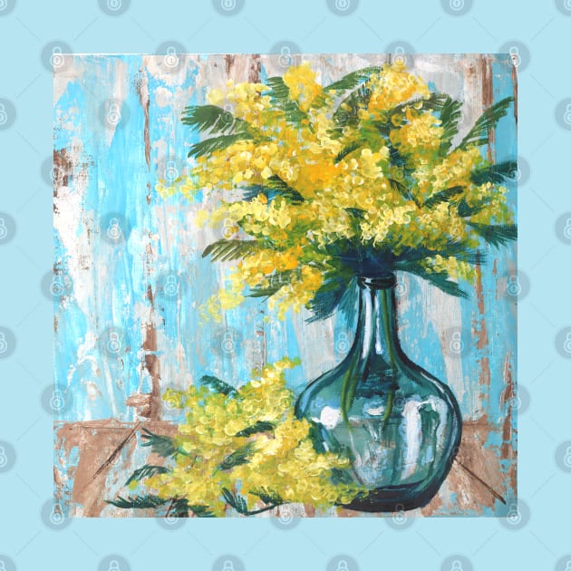 impressionist rustic turquoise still life painting flowers yellow mimosa by Tina