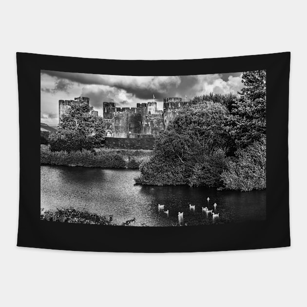 Caerphilly Castle Western Towers mono Tapestry by IanWL