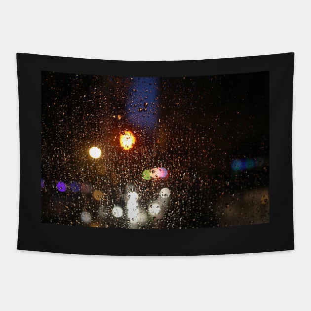 Deatil of raindrops on a car windshield at night Tapestry by Reinvention
