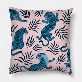 Tiger Blue Pink Tropical Leaves Trendy Modern Pattern Pillow