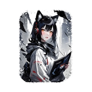 Anime cute astronaut girl with a Black fox ear wearing red headphone kawaii T-Shirt