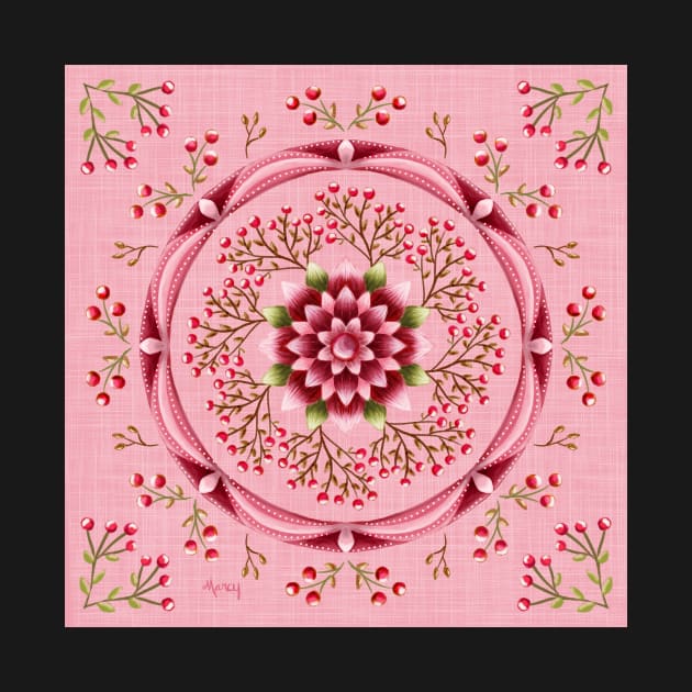 Cherries and Flower Mandala on Pink by MarcyBrennanArt