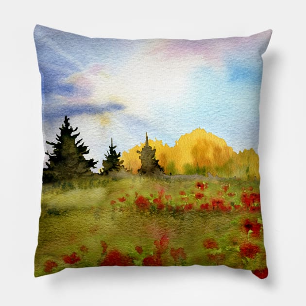 Watercolor Poppy Field Nature Landscape Pillow by JanesCreations