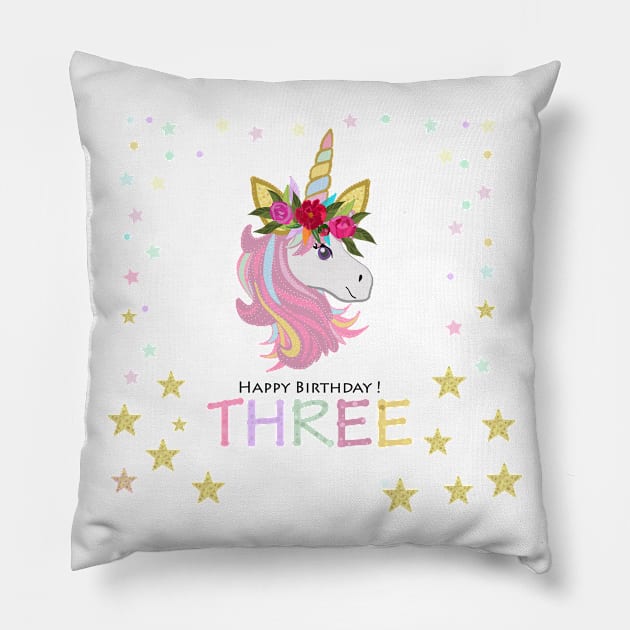 Third birthday greeting. Three. Magical Unicorn Birthday invitation. Party invitation greeting Pillow by GULSENGUNEL