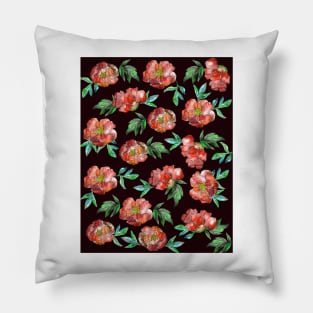 Peonies Flowers Watercolor Ink Cute dark red Pillow