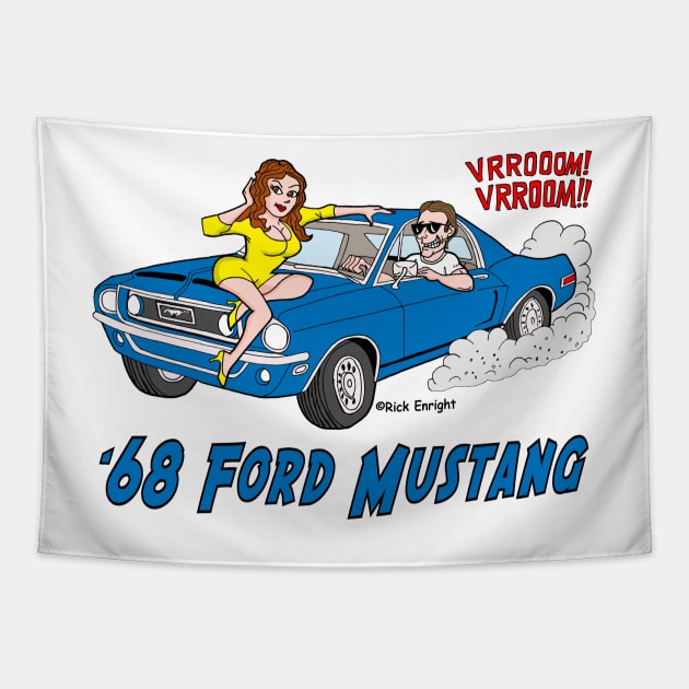 1968 Blue Ford Mustang Cartoon Tapestry by AceToons