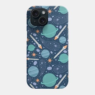 Blue and green planets with cosmic rocket and asteroids Phone Case