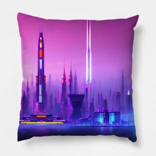 Ai Generated Art Scenery - Futuristic City Skyline With Neon Illuminated Buildings Pillow