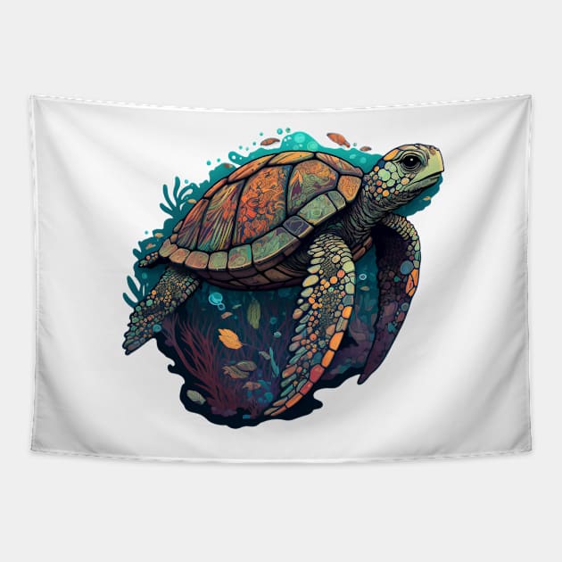 Colorful Swimming Sea Turtle Tapestry by newdreamsss