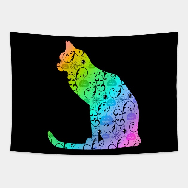 Colorful Halloween Cat With Pumpkin Tapestry by anbartshirts