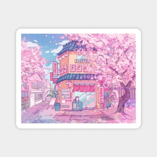 Cute cats' cafe and the pink cherry trees blossom Magnet