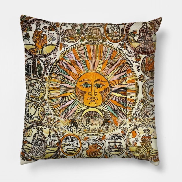 SUN AND MOON ,ZODIACAL SIGNS, ANTIQUE RUSSIAN ASTROLOGY  WOODCUT Pillow by BulganLumini