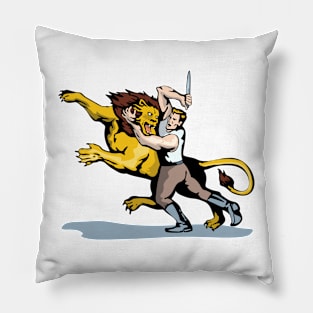 Man Fighting Lion with Dagger  Retro Pillow