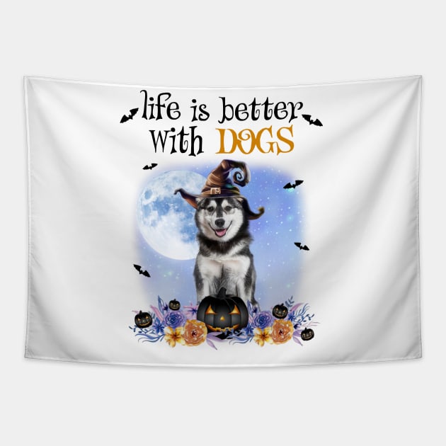 Husky Witch Hat Life Is Better With Dogs Halloween Tapestry by cyberpunk art