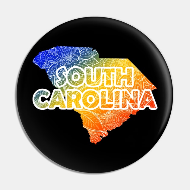 Colorful mandala art map of South Carolina with text in blue, yellow, and red Pin by Happy Citizen