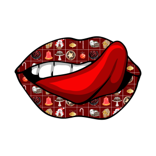 Artistic Abstract Red Christmas Food Pattern Lips with Red Tongue - by Iskybibblle T-Shirt