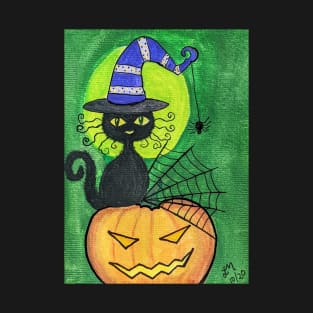 Black cat in purple witch hat on Jack o lantern gouache painting T-Shirt