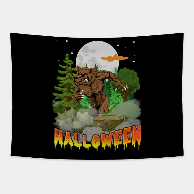 Retro Style Werewolf Halloween Shirt Full Moon Forest Howling Tapestry by PowderShot