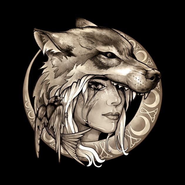 Wolf & Swallow - Art Nouveau Medallion [SEPIA] by Lix